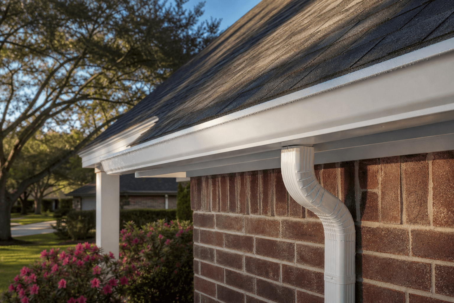 Newly installed seamless aluminum K-style gutter and downspout on a Houston home by Texas Premier Contractors
