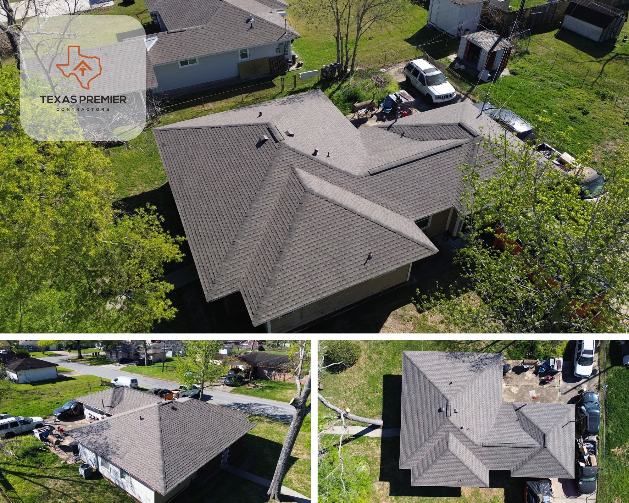Friendswood suburban ranch with a new Class 4 impact-rated dark gray shingle roof by Texas Premier Contractors