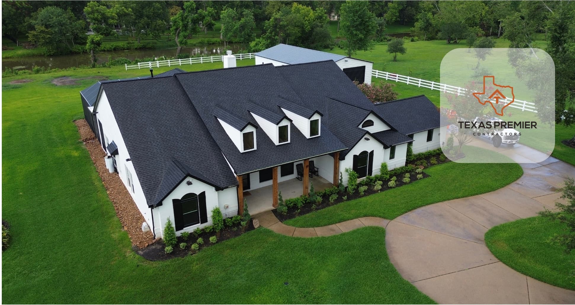 Modern farmhouse in The Woodlands with Owens Corning Duration onyx black asphalt shingle roof and dormers by Texas Premier Contractors