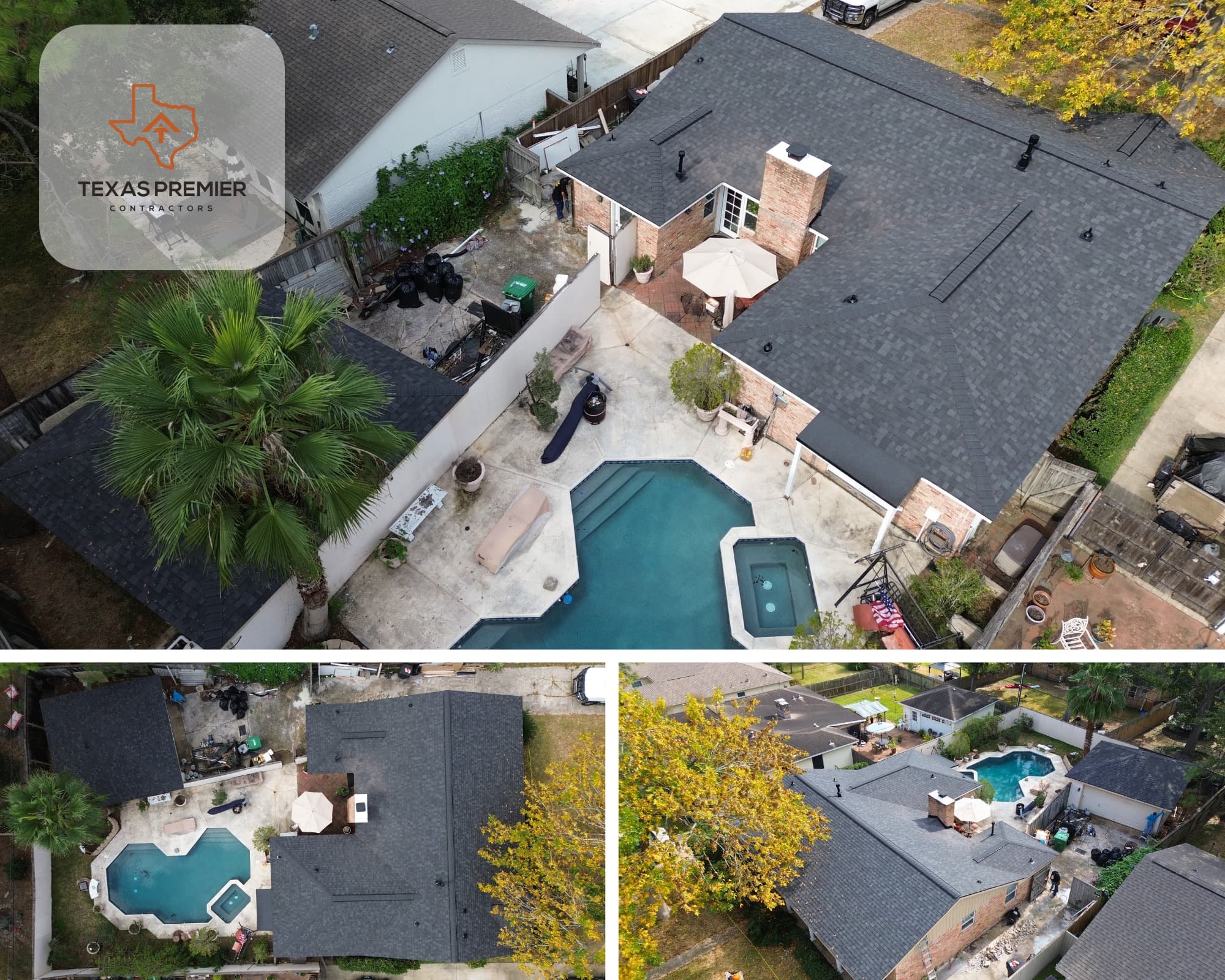 Kingwood red-brick pool home with a new dark architectural shingle roof by Texas Premier Contractors