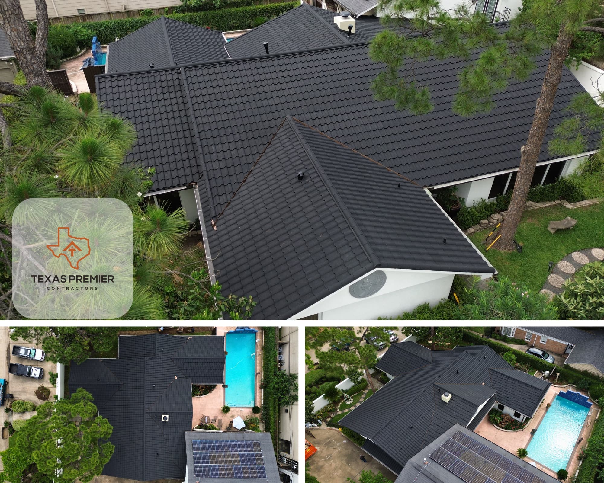 Premium stone-coated metal tile custom roof on a luxury Houston estate installed by Texas Premier Contractors