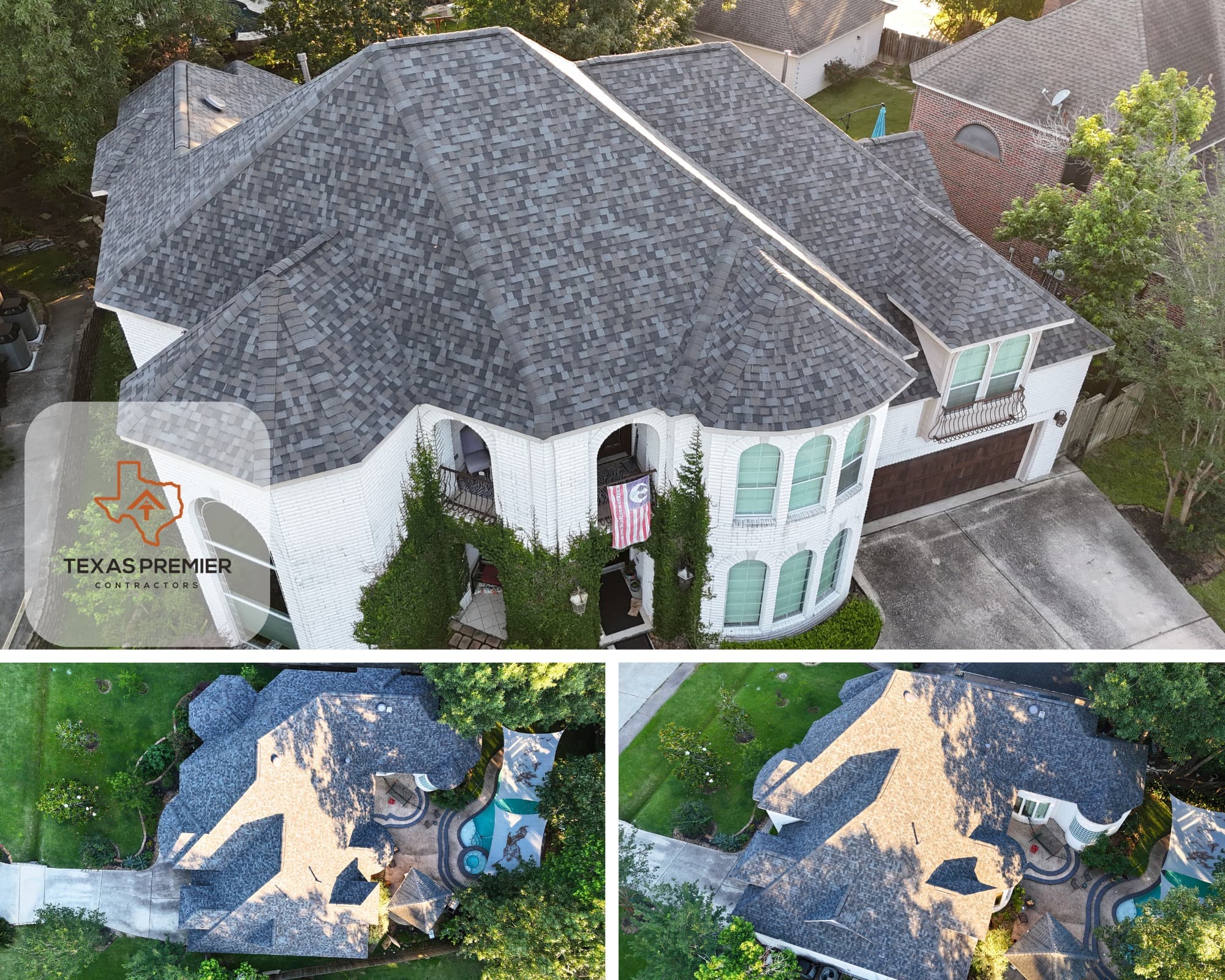 Bellaire upscale white brick estate with Owens Corning Duration onyx black shingle roof by Texas Premier Contractors